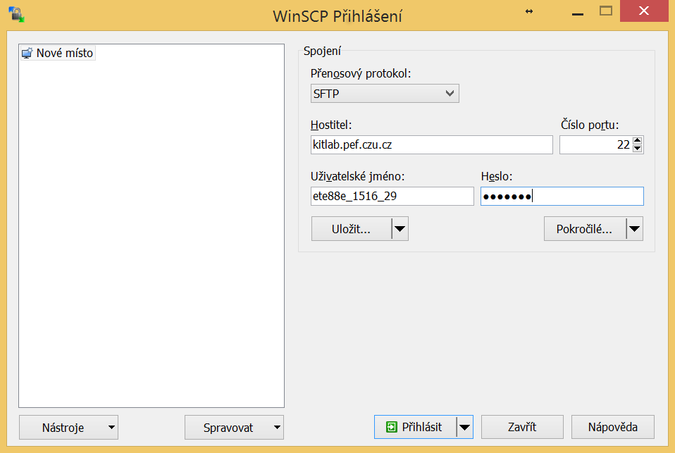 Příklad WinSCP - přihlášení